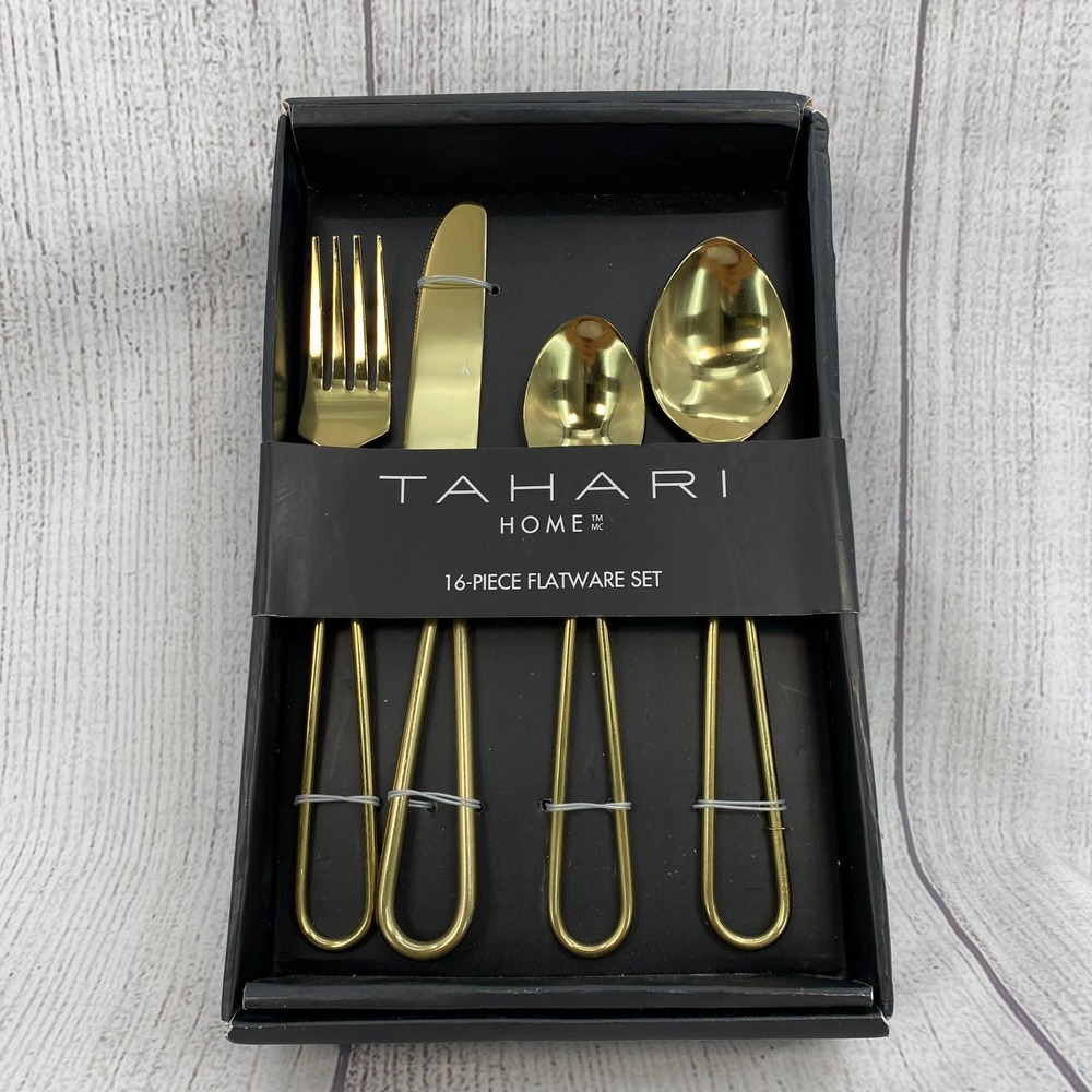 Tahari Home Flatware Set Service for 4 Gold Modern Open Loop Handle 16-Piece